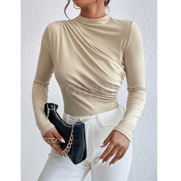 Ruched Asymmetric Beige Long Sleeve Bodysuit Slim Fit Stretchy - Picture 6 of 8